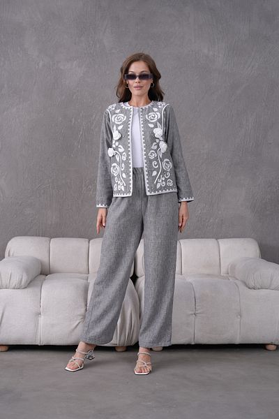 Miss Allos Women's Front Embroidered Rose Flower and Stone Detailed Linen Jacket and Trousers Bottom Top Set