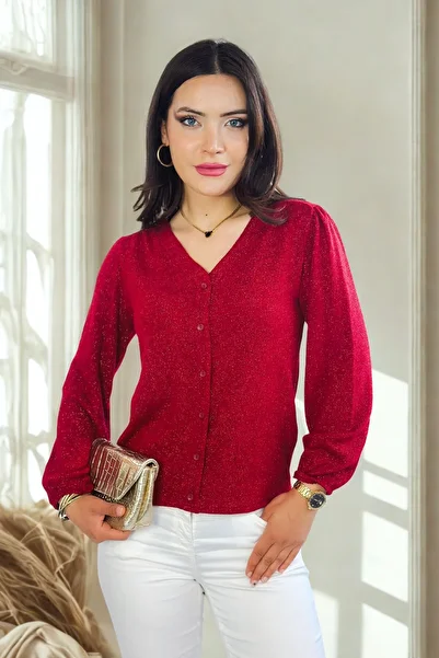 Kübra Tekstil Women's Red Button Detailed Long Sleeve Glittery V-Neck Blouse