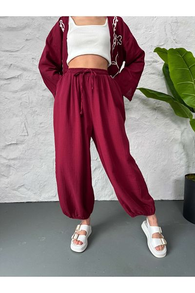 Elif Özbey Butik Burgundy Muslin Casual Trousers