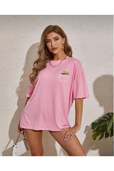 stg spor toptan giyim Γυναικείο μπλουζάκι ροζ τσέπης λουλούδι με τύπωμα overs...