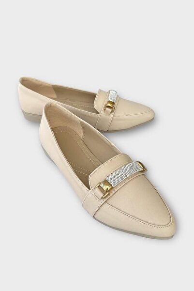 Liger Жіночі туфлі-балетки з каменем і гострим носком, бежеві