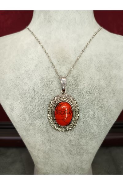 Mos Tespih Coral Stone Natural Stone Silver Color Necklace