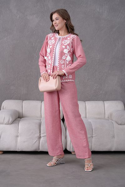 Miss Allos Women's Front Embroidered Rose Flower and Stone Detailed Linen Jacket and Trousers Bottom Top Set