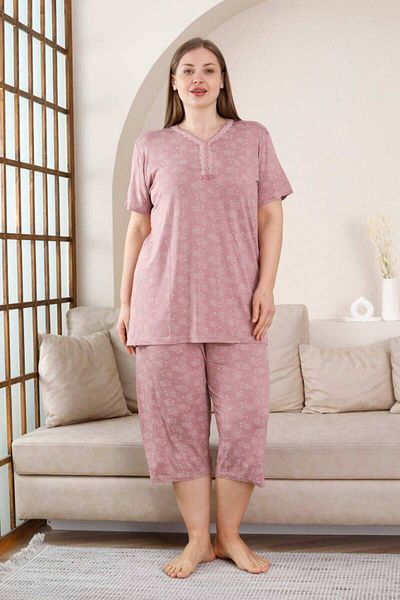 ALİMER Plus Size Bermuda Pajama Set - Dried Rose Flower Pattern Lycra Viscose 2851Bb