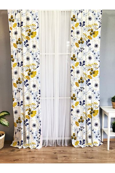 Evmila Velvet Texture Printed Little Flower Patterned Background Curtain
