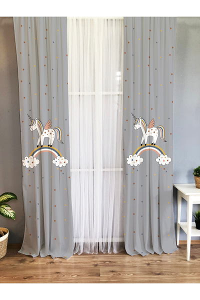 Evmila Unicorn Desenli Bebek Ve Çocuk Odası Fon Perdesi