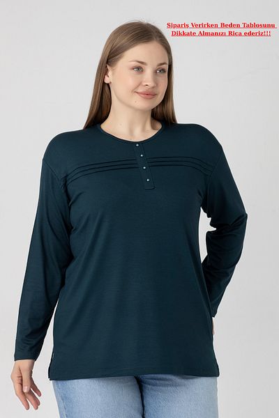 Orly More Viscose Fabric Mini Slit Plus Size Long Sleeve Mother Combed Cotton Blouse with Collar and Button Detail