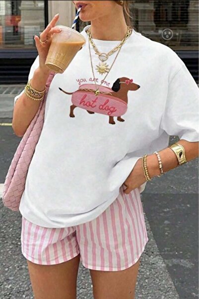 stg spor toptan giyim Γυναικείο μπλουζάκι White Hot Dog με τύπωμα oversized