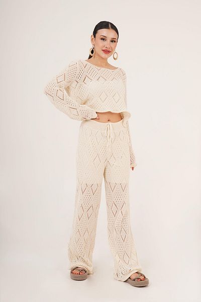 Hipo Trend Openwork Knitted Model Tied Crop Trousers Beige Double Set