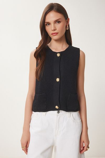 Lovelyİstanbul Stylish Buttoned Knitwear Vest Black Lus0127