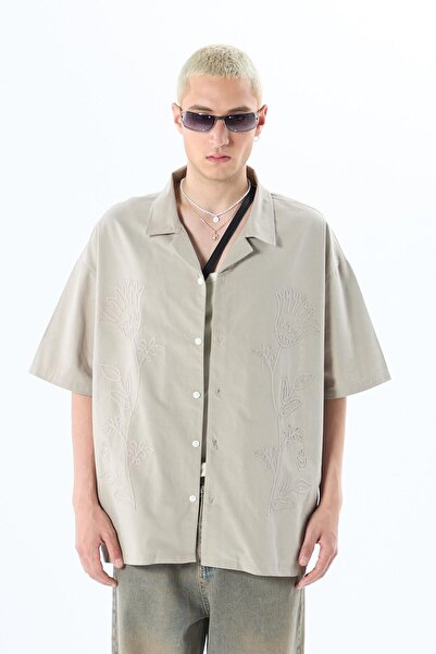 VAMOSCLO Κοντό μανίκι με λεπτομέρεια κεντήματος oversized Λινό πουκάμισο βιζόν