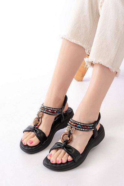 Aymood Dm-608 Black Stone Back Elastic Daily Women's Sandals