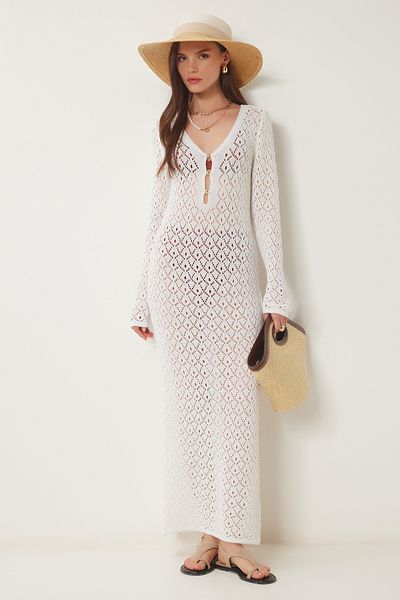 Lovelyİstanbul Bead Detailed Openwork Summer Knitwear Dress Bone Lki0029