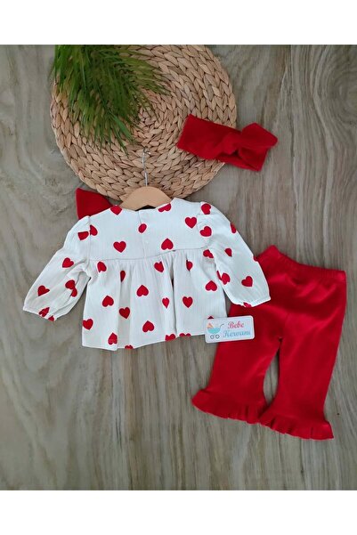 bebe kervanı Kız Bebek % 100 Pamuklu Kırmızı İspanyol Paça 3'lü takım BBK1365