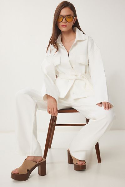 Lovelyİstanbul Belted Denim Jacket Pants Suit Bone Lri0007