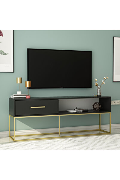 İNARCH DİZAYN Mira TV Ünitesi 160 cm – Kapaklı ve Raflı, Gold Ayak, Modern Ta...