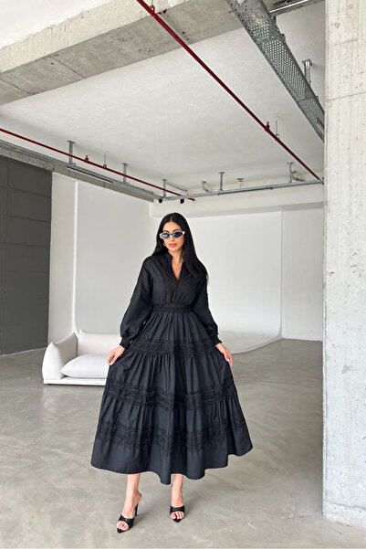 Neşeli Butik γυναικείο εισαγόμενο φόρεμα με λεπτομέρεια από δαντέλα ποπλίνα N...