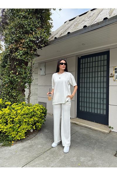 LE CARAMBOLE Women's White Modal Fabric Tshirt and Pants Double Bottom Top Set