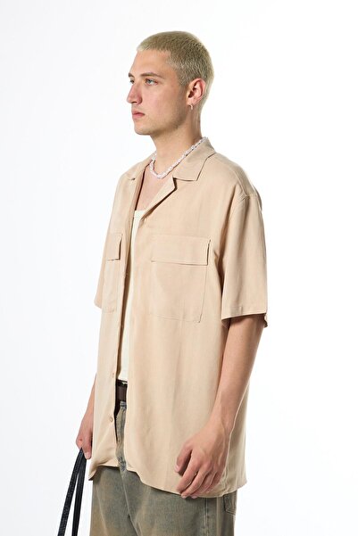 VAMOSCLO Oversize Çift Cepli Kısa Kol Keten Gömlek Bej