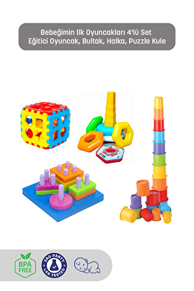 Kiki Bebeğimin Ilk Oyuncakları 4'lü Set Eğitici Oyuncak Bultak Halka Puzzle Kule