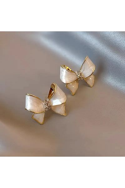HDCreativeDesign 1 Pair Chic White Enamel Bow Earrings with Crystal Accents - Gold Tone Stainless Steel Earrings