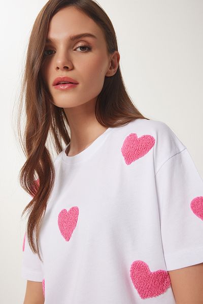 Lovelyİstanbul Tricou tricotat din bumbac texturat inimă ALB LMP0009