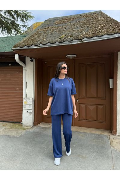 LE CARAMBOLE Women's Navy Blue Modal Fabric Tshirt and Pants Double Bottom Top Set