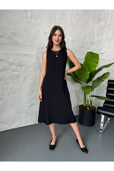 Elif Özbey Butik Rochie neagră de lungime midi cu cusături pe laterale