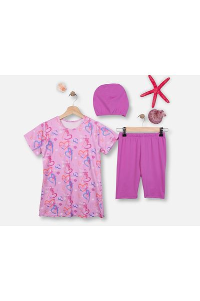 Little Pumpkin Girl's Swimsuit Set with Heart Bonnet Shorts