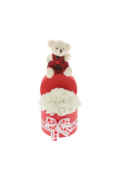 GiftExpress Aranjament floral trandafiri albi spuma si ursulet