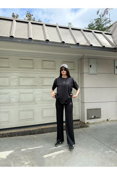 LE CARAMBOLE Women's Black Modal Fabric Tshirt and Pants Double Bottom Top Set