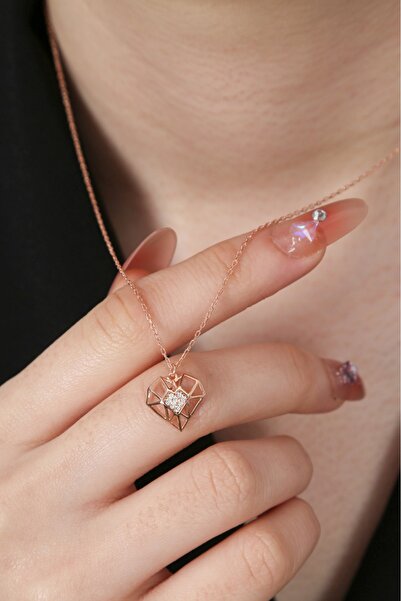 Sanem silver Elmas Figürlü Gümüş Kolye, 925 Ayar Gümüş Üzeri Rose Kaplama Kol...