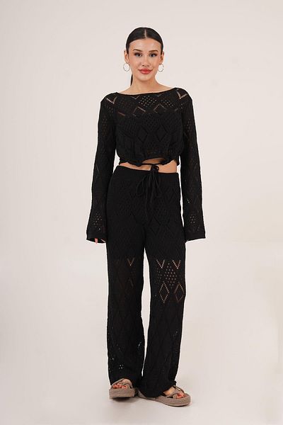 Hipo Trend Openwork Knitted Model Tied Crop Trousers Black Double Set
