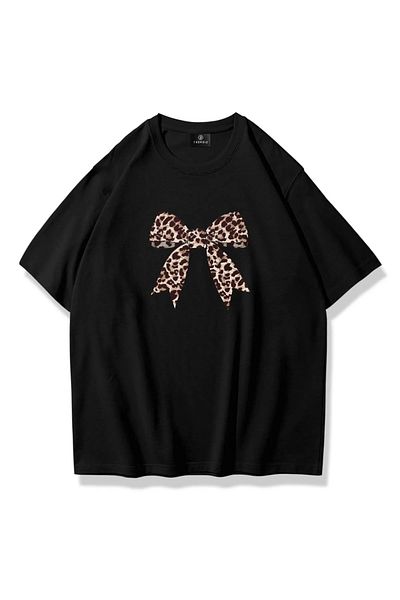 Machetta Tricou oversize 100% bumbac cu imprimeu cu panglică leopard pentru femei