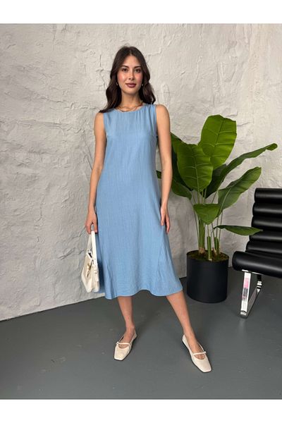 Elif Özbey Butik Μπλε φόρεμα μίντι με λεπτομέρεια ραφής στα πλαϊνά