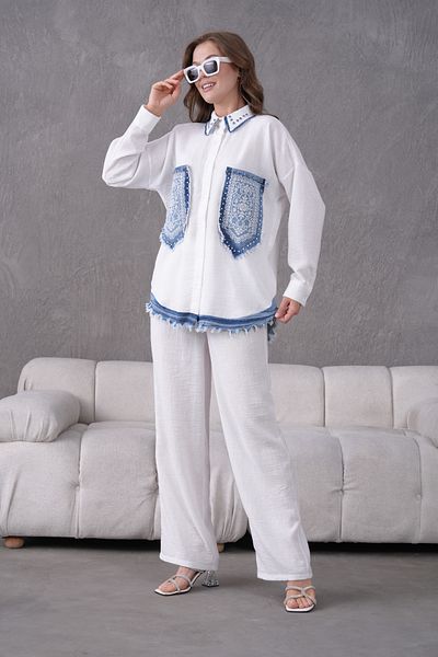 Miss Allos Women's Front Pocket Embroidered Pearl and Stone Embroidered Denim Detailed Linen Shirt and Pants Bottom Top Set