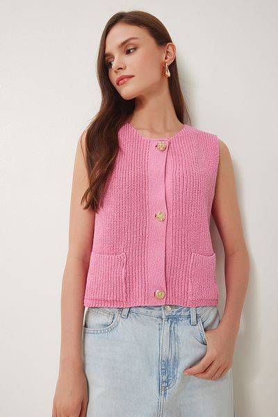 Lovelyİstanbul Stylish Buttoned Knitwear Vest Pink Lus0127