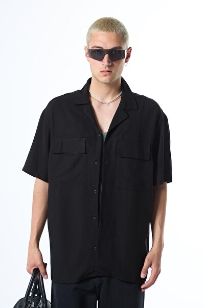 VAMOSCLO oversized Λινό πουκάμισο με κοντό μανίκι με διπλή τσέπη μαύρο