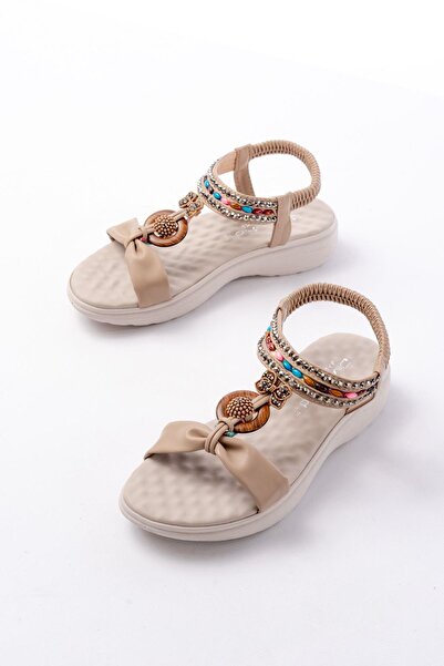 Aymood DM-608 Μπεζ Πέτρινα Πίσω Ελαστικά Καθημερινά Γυναικεία Σανδάλια