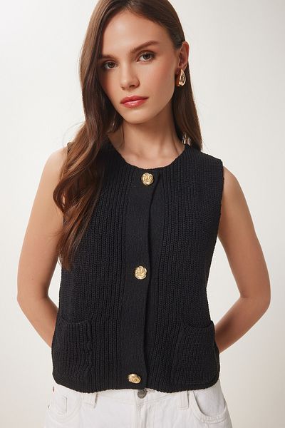 Lovelyİstanbul Stylish Buttoned Knitwear Vest Black Lus0127