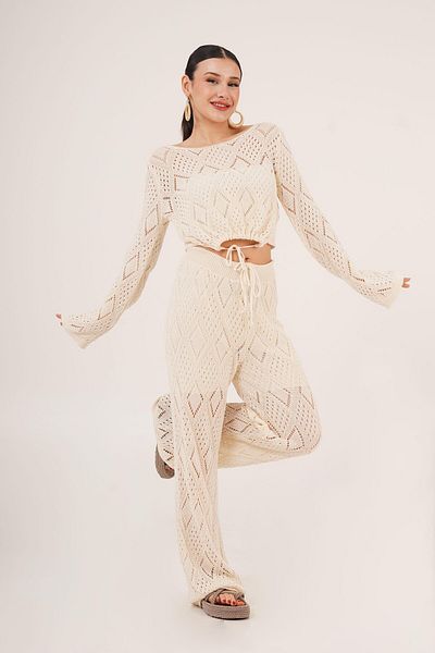 Hipo Trend Openwork Knitted Model Tied Crop Trousers Beige Double Set