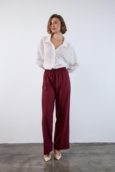 My Blog Burgundy Elastic Waist Front Stitched Polyviscon Trousers - 50741