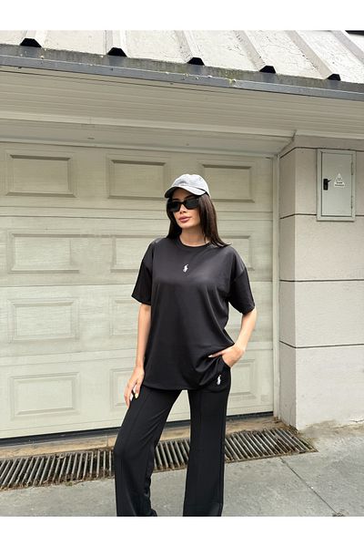 LE CARAMBOLE Women's Black Modal Fabric Tshirt and Pants Double Bottom Top Set