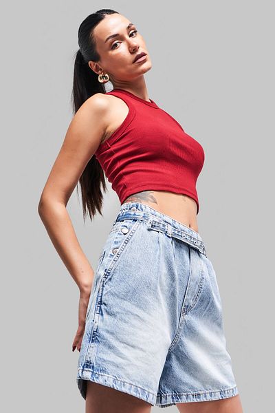 its basic Women's Red Color S5-35 Halter Neckline Stretchy Camisole Fabric Crop Top Body