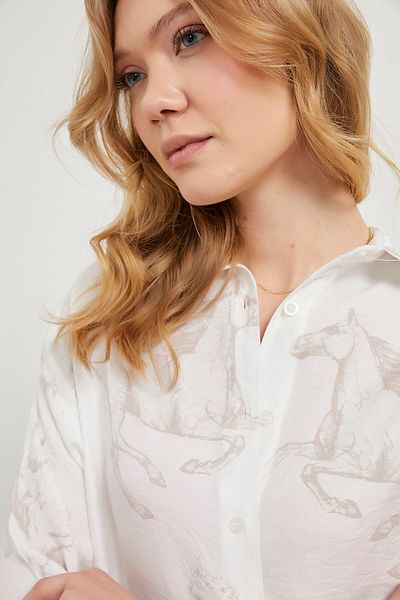 Arma Life Women's Horse Figure Patterned Loose Long Sleeve White Shirt