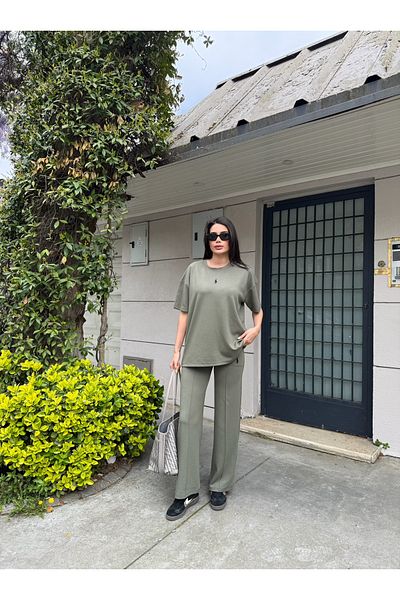 LE CARAMBOLE Women's Khaki Modal Fabric Tshirt and Pants Double Bottom Top Set