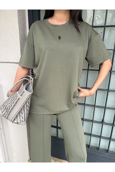 LE CARAMBOLE Women's Khaki Modal Fabric Tshirt and Pants Double Bottom Top Set