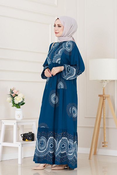 Sevitli Nare Dress with Bat Sleeve Robe-Indigo