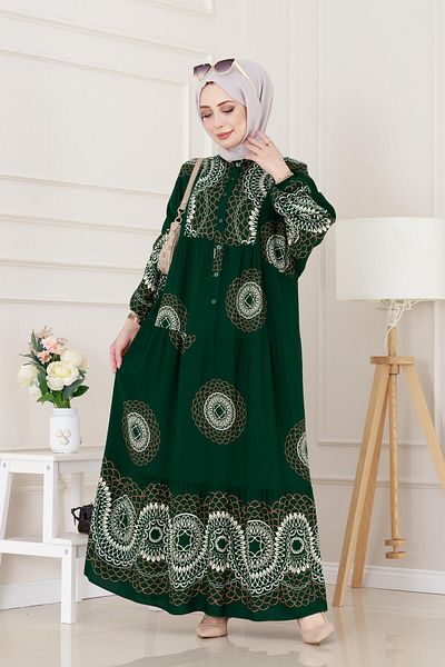 Sevitli Nare Dress with Bat Sleeve Robe-Green