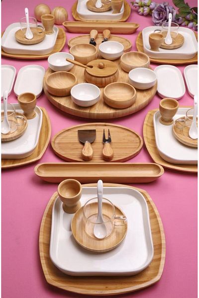 Atbyhome Natural Look 6-Person 68-Piece Ceramic and Bamboo Breakfast Set Luxury Breakfast Presentation Set